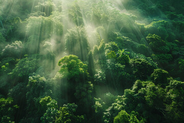 Obraz premium Aerial view of a tropical rainforest during sunrise