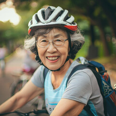 Fototapeta na wymiar Happy asian elderly woman riding bicycle. She is leading an active lifestyle. Active old age concept