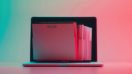 File folder on laptop screen, single color background. Generative AI - obrazy, fototapety, plakaty
