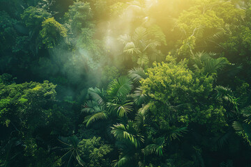 Aerial view of a tropical rainforest during sunrise - obrazy, fototapety, plakaty