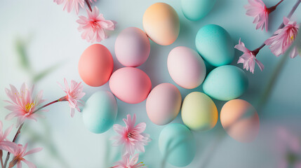 Creative Easter celebration concept.
Pastel easter eggs and flowers