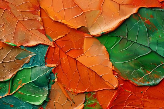 Macro closeup of vibrant orange and green autumn leaves, abstract oil painting texture