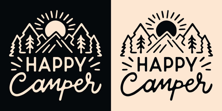 Happy camper lettering shirt design. Retro vintage mountains forest landscape and sun sunrise sunset minimalist drawing illustration. Camper mom girl kid quotes vector for clothing printable gifts.