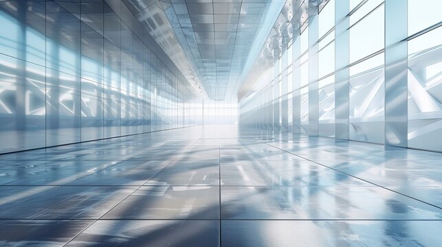 3D image of a futuristic glass building with an empty concrete floor.