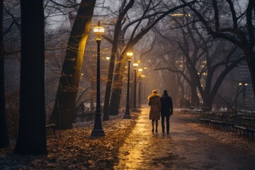 A couple walking in the rain on a path with street lights