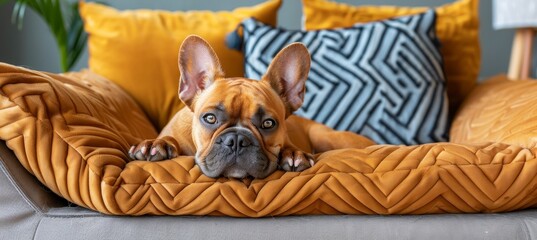Stylish french bulldog puppy lounging comfortably in a cozy bed   elegant and chic companion