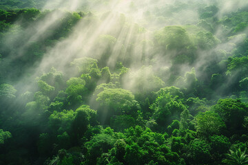 Fototapeta na wymiar Aerial view of a tropical rainforest during sunrise