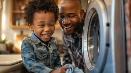 A joyous young African-American boy with curly hair helps his father load the washing machine during their morning household chores. - obrazy, fototapety, plakaty