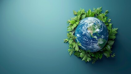 Earth globe surrounded by green leaves, environmental conservation concept. Planet Earth nestled in lush foliage representing sustainable eco friendly living and nature protection. - obrazy, fototapety, plakaty