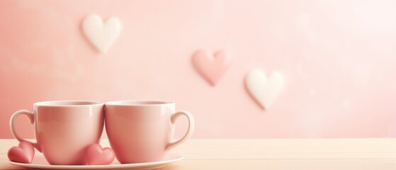 Two pink cups with hearts on them sit on a table