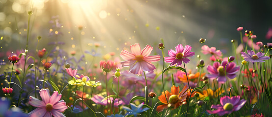 Colorful cosmos flowers in a meadow with sunlight, with a spring background. The artwork is in the...