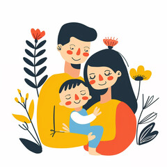 illustration of happy loving family, parents with kids, isolated flat vector modern parenthood illustration, mother, father and child, full of love and tenderness