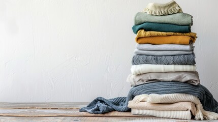 A pile of freshly washed and folded women's clothing sits neatly on a wooden table. The stack includes shirts, dresses, and sweaters, placed against a white wall. The image leaves ample empty space fo - obrazy, fototapety, plakaty
