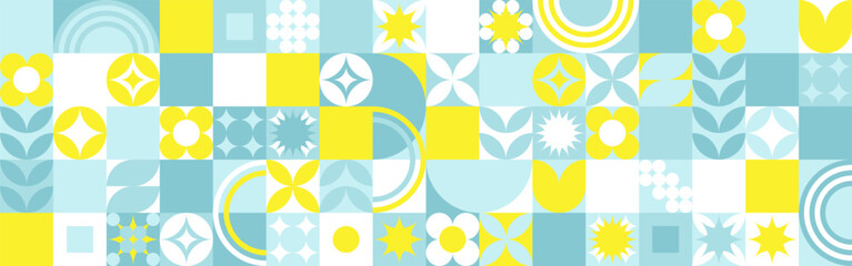 Seamless geometric summer background from flowers ornament, bright textiles and wallpaper. Daisies and bells in yellow and blue sunny shades for packaging goods and gifts. - 769571332
