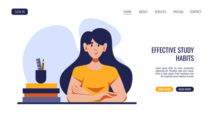 Girl sitting at the desk with books and school supplies. Vector illustration for banner, website. Education, bookstore, knowledge, student concept.