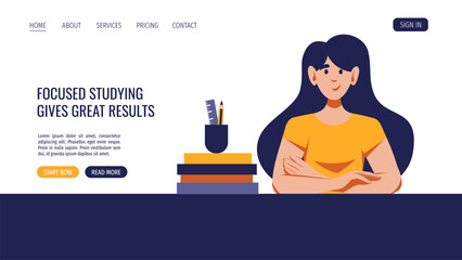 Girl sitting at the desk with books and school supplies. Vector illustration for banner, website. Education, bookstore, knowledge, student concept.