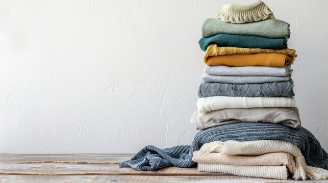 A pile of freshly washed and folded women's clothing sits neatly on a wooden table. The stack includes shirts, dresses, and sweaters, placed against a white wall. The image leaves ample empty space fo