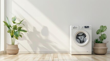 A washing machine stands next to a light-colored wall in a modern laundry room. - obrazy, fototapety, plakaty