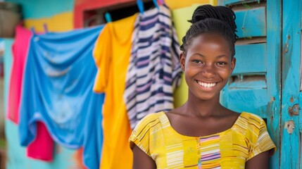 A young lady proudly displays her freshly cleaned laundry against a vibrant backdrop.