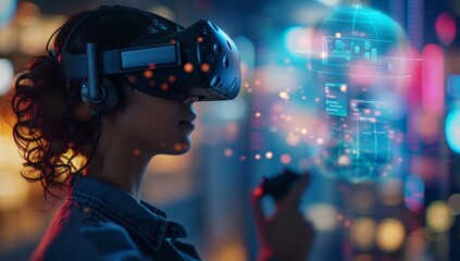 Woman wearing virtual reality headset exploring digital futuristic interface. Concept of augmented reality, metaverse, and immersive technology.