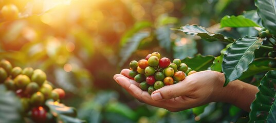 Farmer handpicking arabica and robusta coffee berries in agricultural harvest process - obrazy, fototapety, plakaty