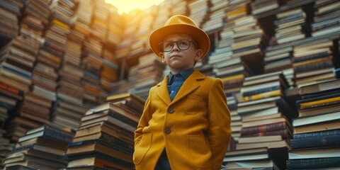 A boy in yellow suit and hat surrounded by stacks of books in library or bookstore. Concept of...