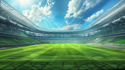 An illustrated image of a soccer stadium from a perspective view, featuring a green field. - obrazy, fototapety, plakaty