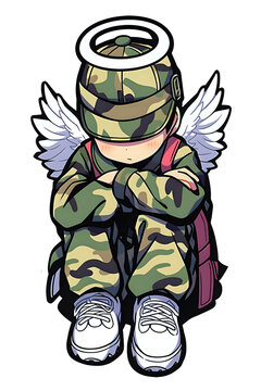 Chibi Soldier with Angel Wings.

A charming chibi-style soldier with angel wings, featuring a camouflage suit and a halo, ideal for unique mascot designs, military-themed artwork, 