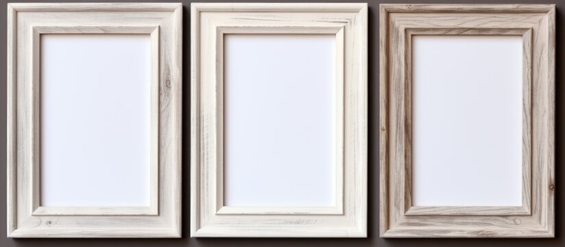 Three white picture frames, made of wood composite material, hang symmetrically on the wall. The rectangle shapes feature tints and shades to enhance the pattern