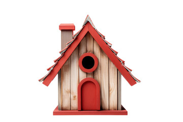 The Scarlet Sanctuary: A Quaint Birdhouse With a Red Roof and Door. On a White or Clear Surface PNG Transparent Background. - Powered by Adobe