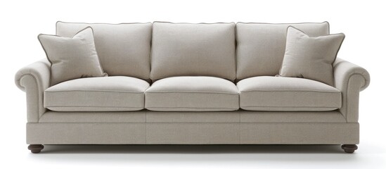 Cozy three-seat fabric sofa on a white background - obrazy, fototapety, plakaty