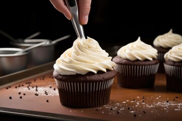 Frosting being spread on a cupcake with a small spatula.