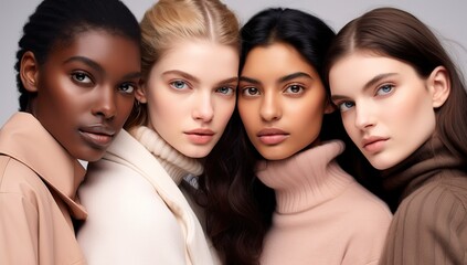 Diverse group of beautiful women with different ethnicities and skin tones. Concept of beauty, diversity, and inclusion in fashion and cosmetics industry.