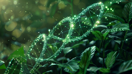 bio physics, DNA biotechnology , low poly dna strands, DNA double helix, moss green , spiral glowing DNA , stylish bienneal plant background

