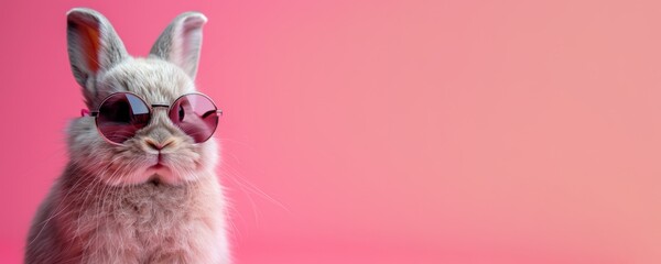 Stylish bunny wearing sunglasses on pink background. Funny portrait of cool feline fashion model with trendy sunglasses. Concept of pet lifestyle, humor, and animal personality. - obrazy, fototapety, plakaty