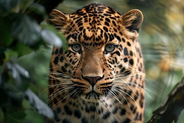 Close up of a Amur leopard in the forest facing camera