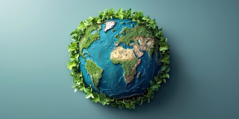 Planet Earth covered in lush green foliage, symbolizing environmental conservation and sustainability. Concept of eco friendly living and preserving natures balance.