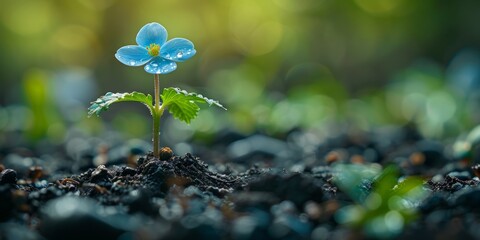 Tiny blue flower seedling sprouting from fertile soil, symbolizing new life and growth. Concept of natures resilience, environmental conservation, and sustainable future. - Powered by Adobe