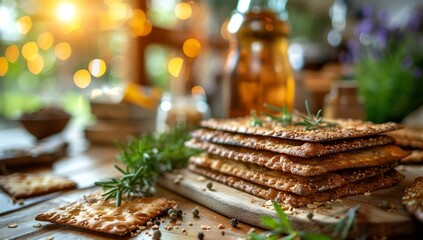 Crispy whole grain crackers with herbs and spices on rustic table. Healthy homemade snack or appetizer with blurred festive lights background.