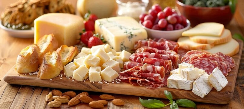 Artfully arranged charcuterie board with a variety of cheeses, meats, fruits, nuts, and appetizers