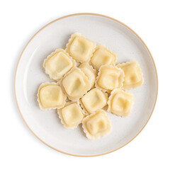 Top view of portion of homemade italian ravioli pasta made with dough stuffed with ricotta cheese of square shape served on plate isolated on white background for traditional mediterranean dinner