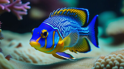 Exotic blue and orange fish in an aquarium, Synchiropus splendidus, mandarinfish in a tank with coral