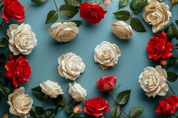 Border of white and red roses on pastel beige background 