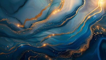 Fluid Blue and Gold Marbled Abstract Background. Ethereal Liquid Marble Texture with Flowing Waves and Sparkles.