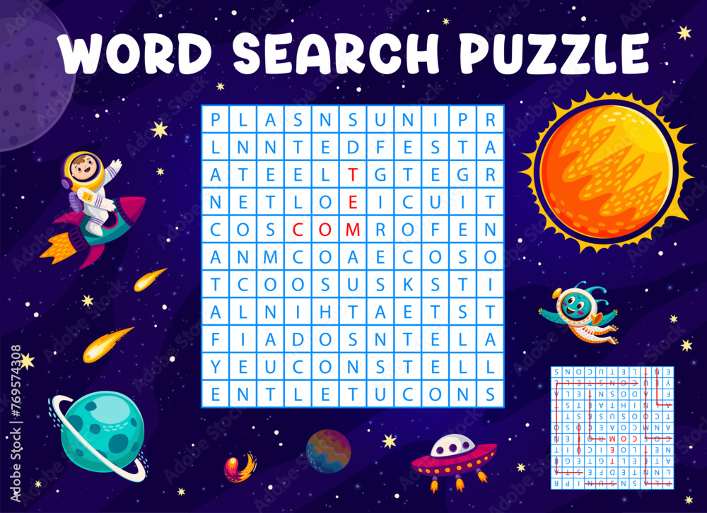 Poster word search puzzle game with galaxy space landscape, kid astronaut and alien, vector quiz worksheet.