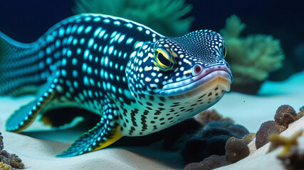 Enchelycore pardalis, commonly called Leopard moray eel or Dragon moray isolated closeup, underwater life. Tropical fish Murena, latin name Murena Helena, in aquarium