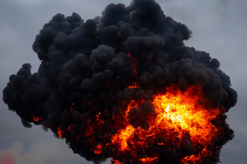 Large fireball with black smoke. fiery explosion with smoke. Explosion of black smoke on a dark background. 3d rendering.
