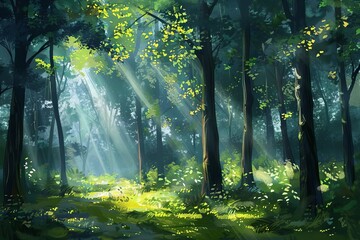 Fototapeta na wymiar Sunbeams Filtering Through Lush Forest Trees, Nature Scenery on Sunny Day, Digital Painting