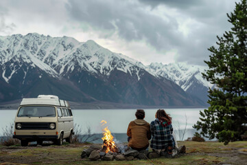 Couple travelers in campfire with camper van in mountains landscape, camp by a lake enjoying an adventure travel camping in nature