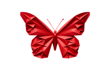 Crimson Origami Butterfly Fluttering in Abstraction. On a White or Clear Surface PNG Transparent Background.